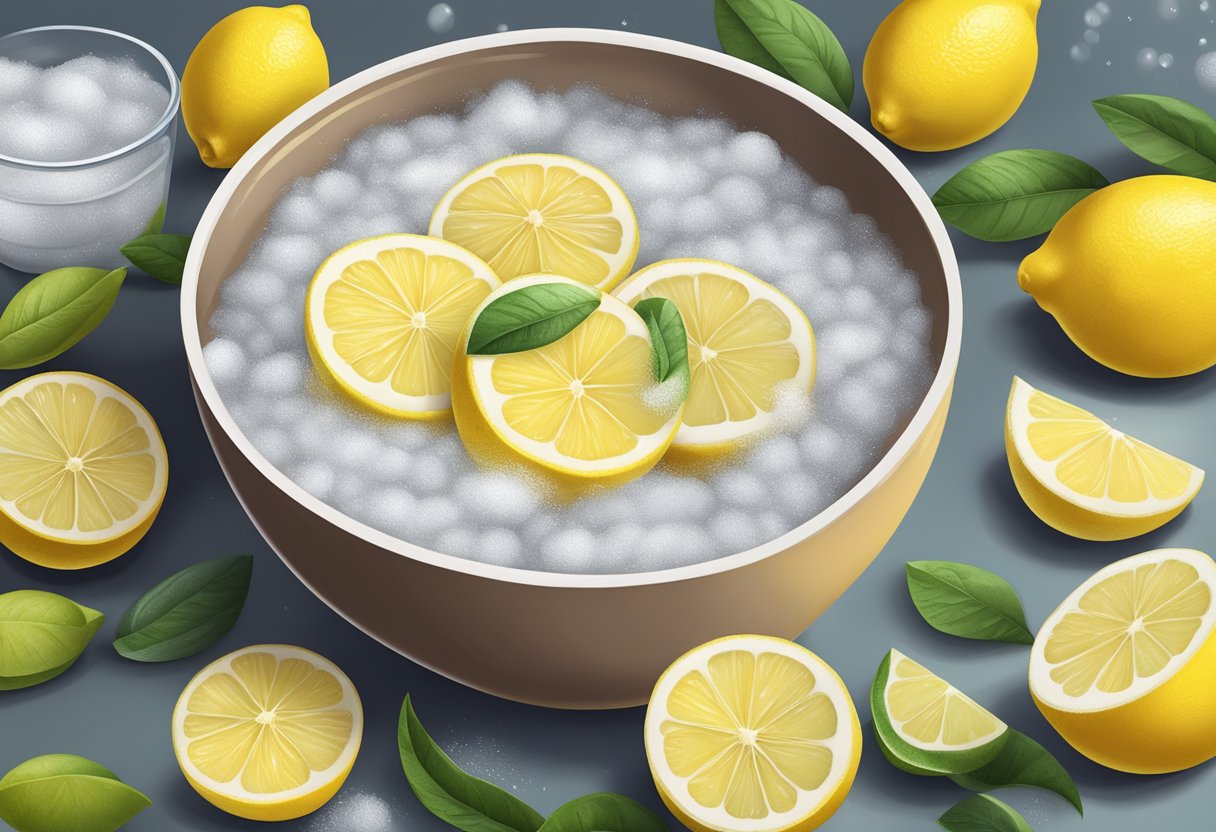 A bowl filled with baking soda and lemon juice, surrounded by fresh lemons and a foot soaking tub