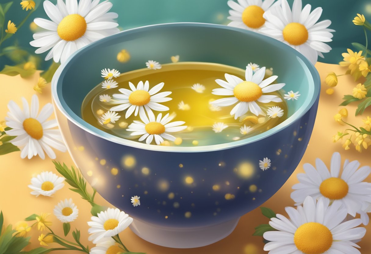 A bowl of chamomile tea and honey foot soak, with petals floating on the surface, surrounded by a cozy and relaxing atmosphere