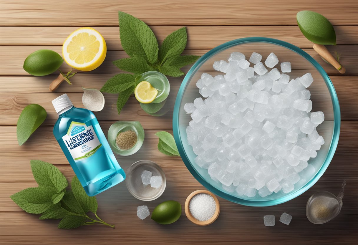 A clear bowl filled with Listerine and vinegar sits on a wooden surface, surrounded by ingredients like Epsom salt and essential oils