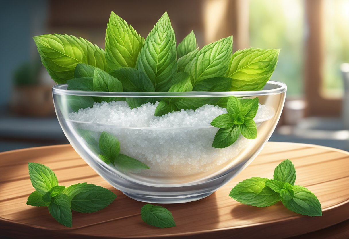 A clear glass bowl filled with sea salt and peppermint oil sits on a wooden table, surrounded by fresh peppermint leaves. The sunlight streams in, casting a warm glow on the ingredients