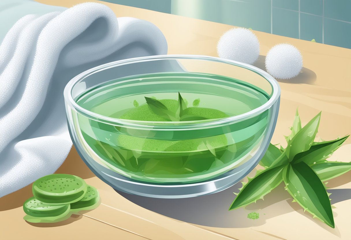 A clear glass bowl filled with green tea and aloe vera leaves, surrounded by callus scrubbers and a soft towel