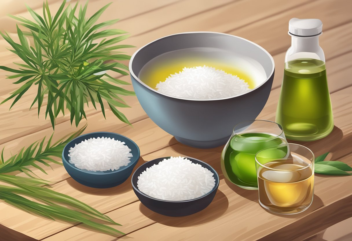 A bowl of rice water and tea tree oil sits on a wooden surface, surrounded by ingredients for a homemade foot soak