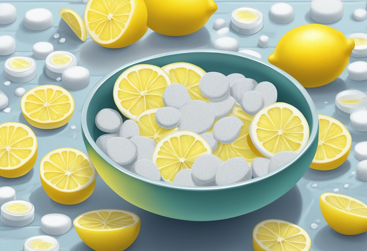 A bowl of lemon slices and aspirin tablets soaking in water, with a pumice stone nearby