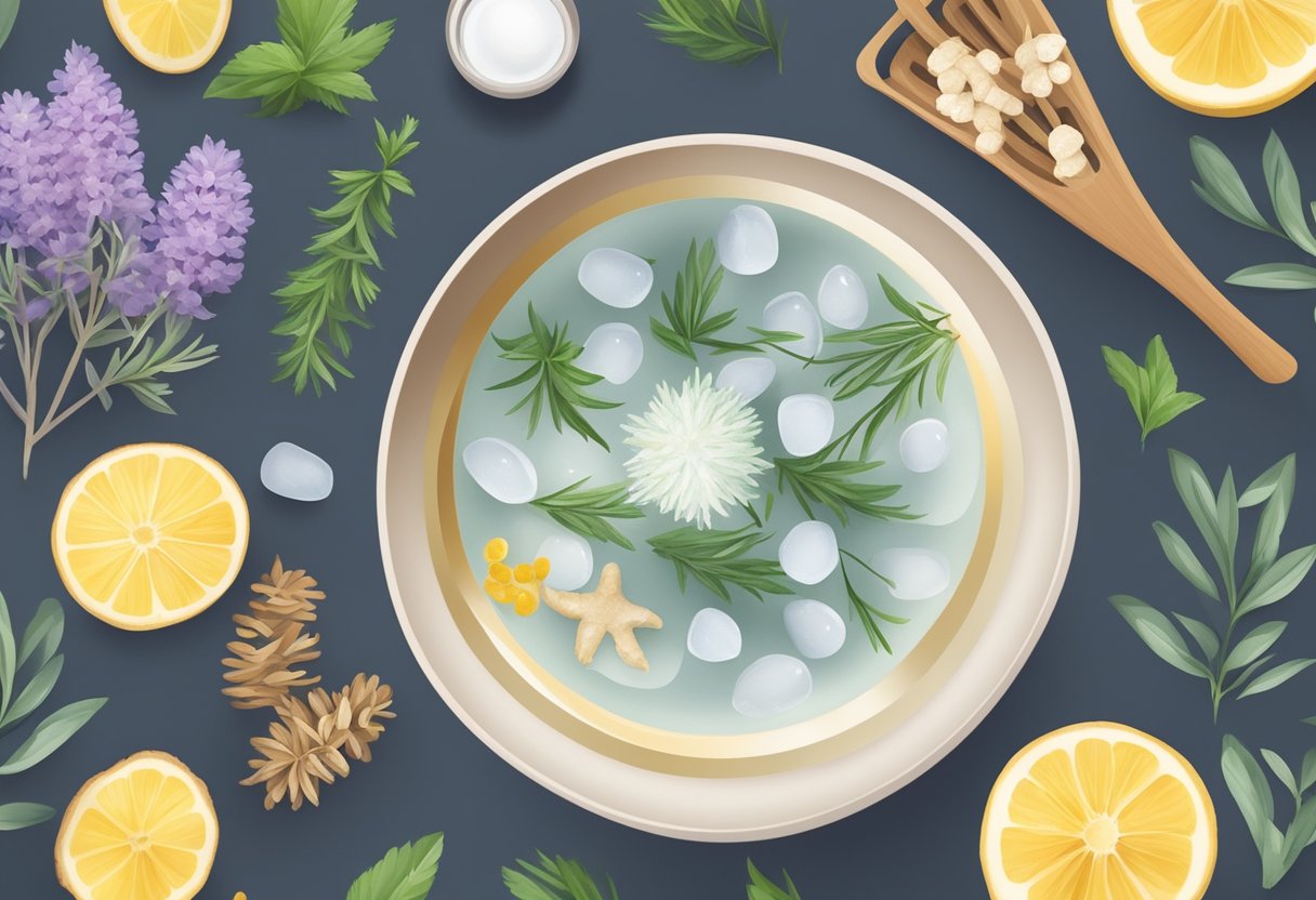 A bowl of warm water with ginger and Epsom salt, surrounded by essential oils and dried herbs