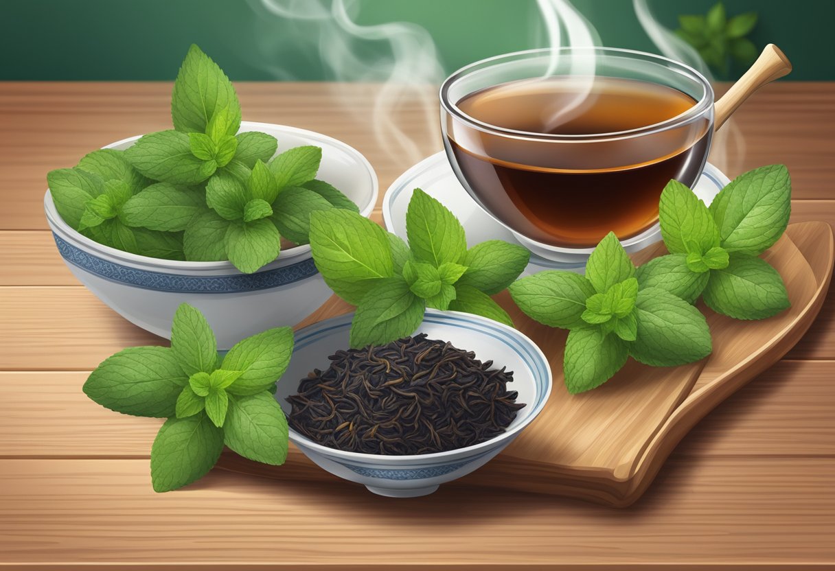 A steaming bowl of black tea and mint foot soak sits on a wooden surface, surrounded by fresh mint leaves. The aroma of the soak fills the air, promising a relaxing and odor-neutralizing experience