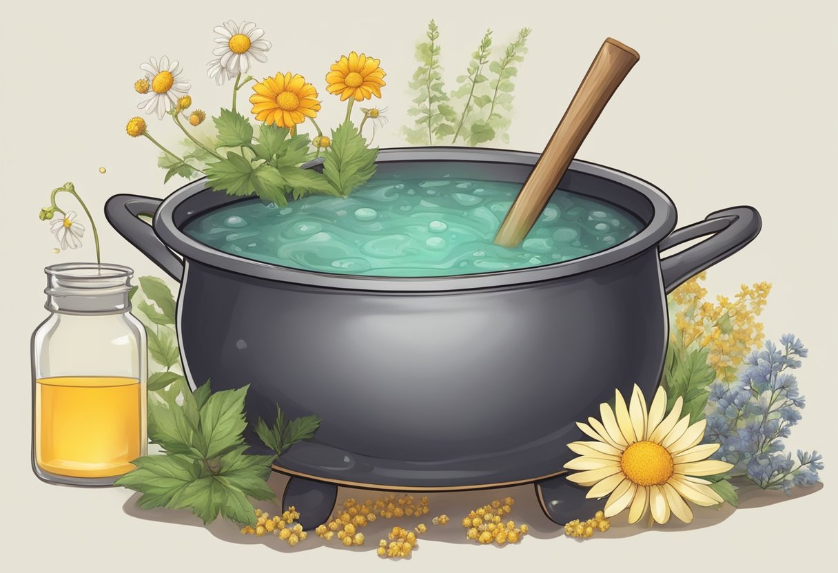 A cauldron bubbling with witch hazel, chamomile, and soothing herbs for a homemade foot soak