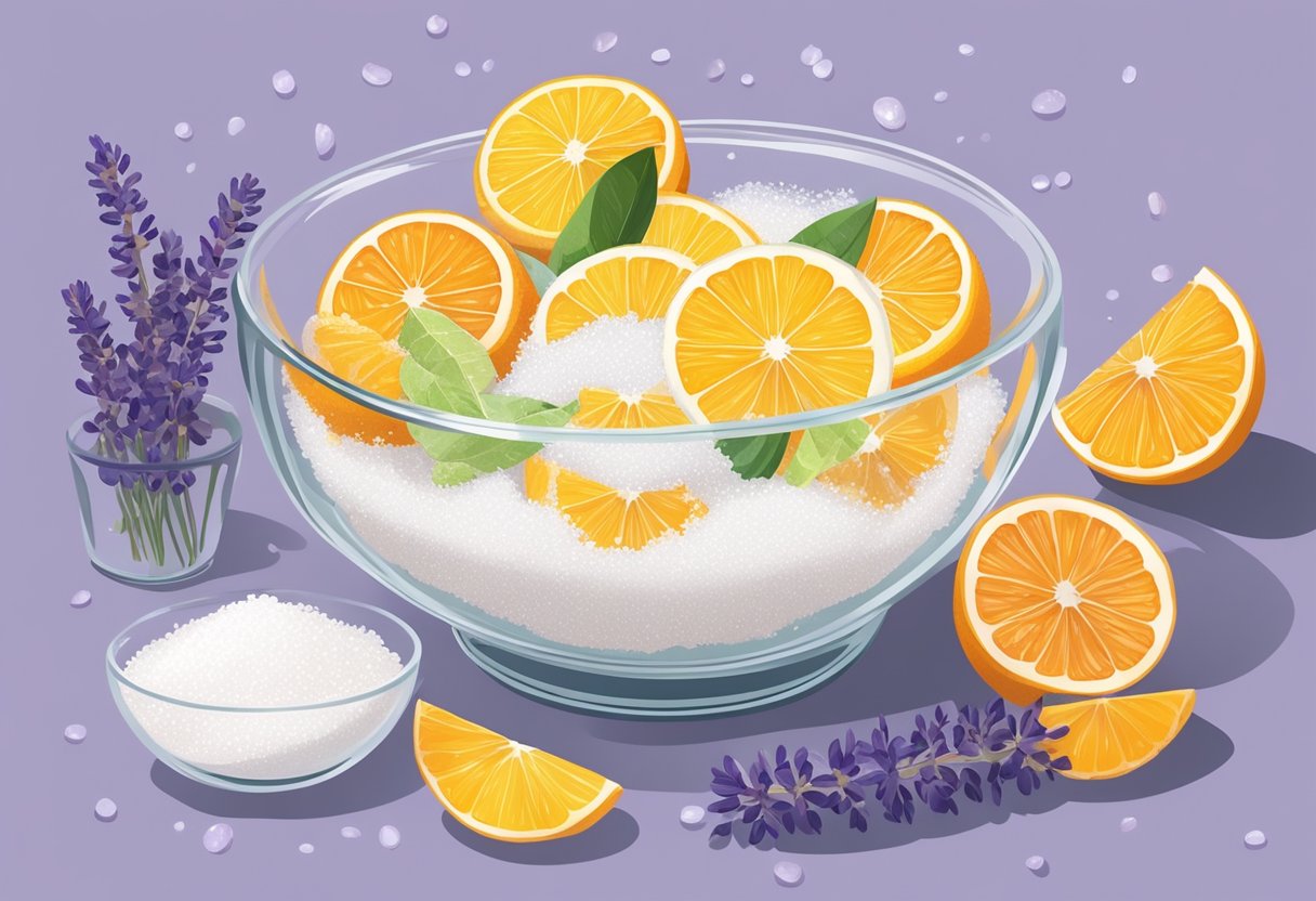 A clear glass bowl filled with citrus slices and salt, surrounded by scattered ingredients like lavender and Epsom salt