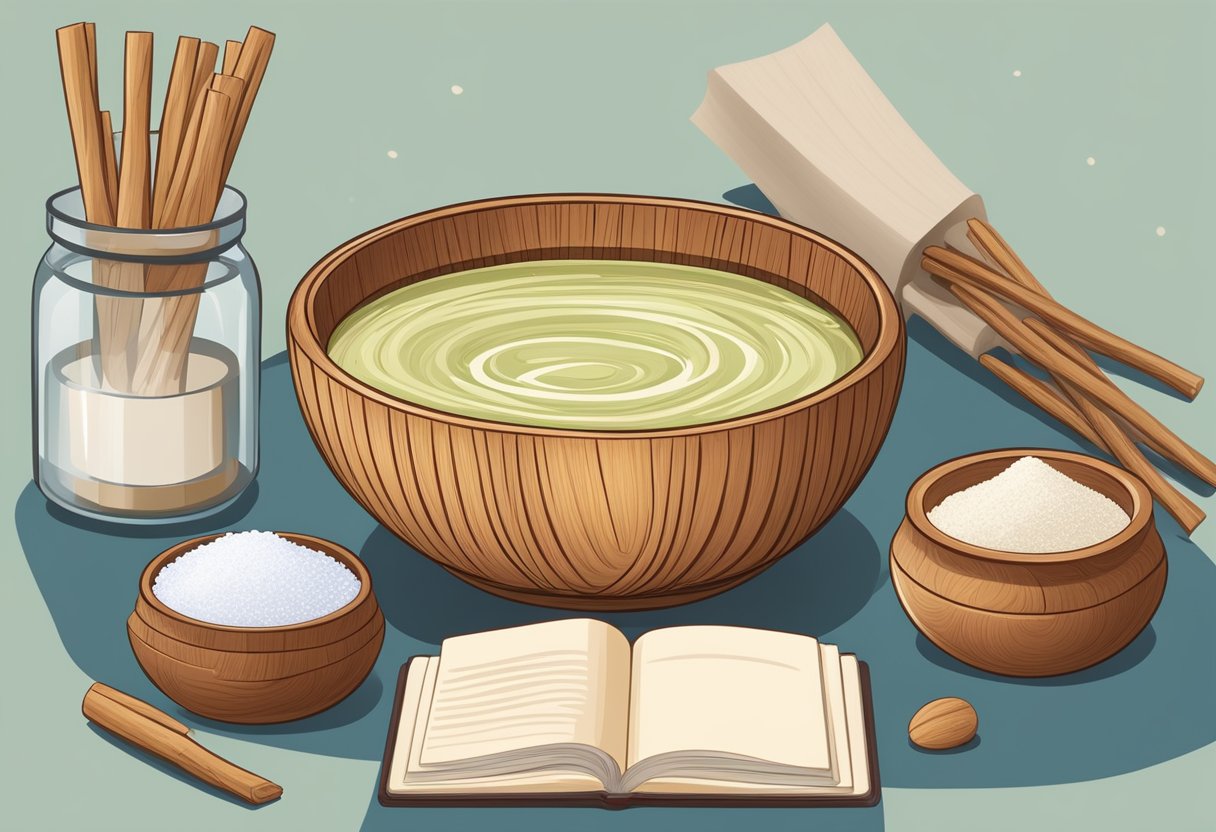 A wooden bowl filled with creamy foot soak, surrounded by sandalwood sticks and a recipe book