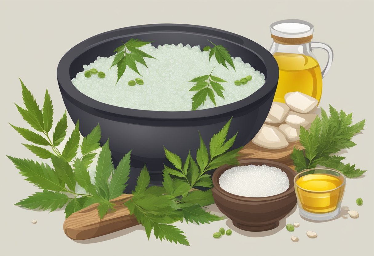 A bowl filled with neem oil and salt, surrounded by various ingredients for a homemade foot soak