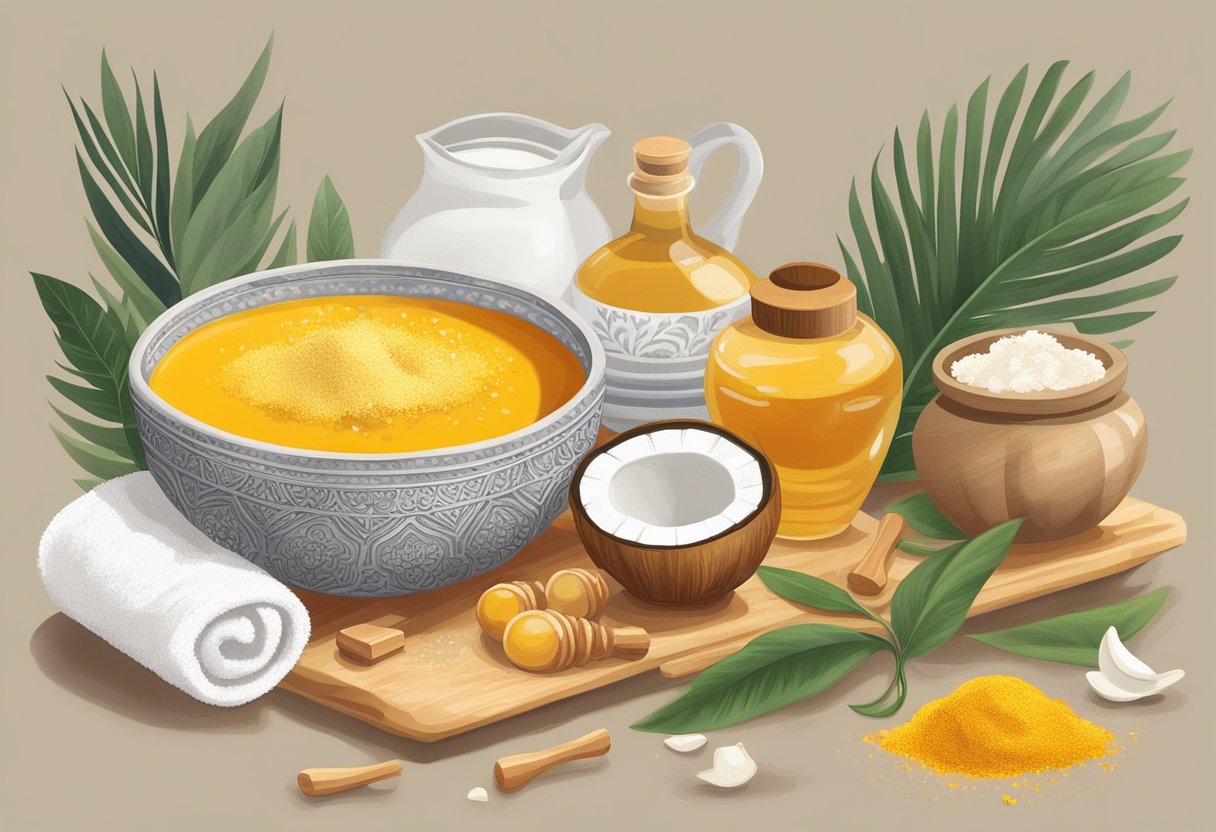 A bowl filled with turmeric and coconut milk soak, surrounded by ingredients like honey and essential oils, with a soft towel nearby