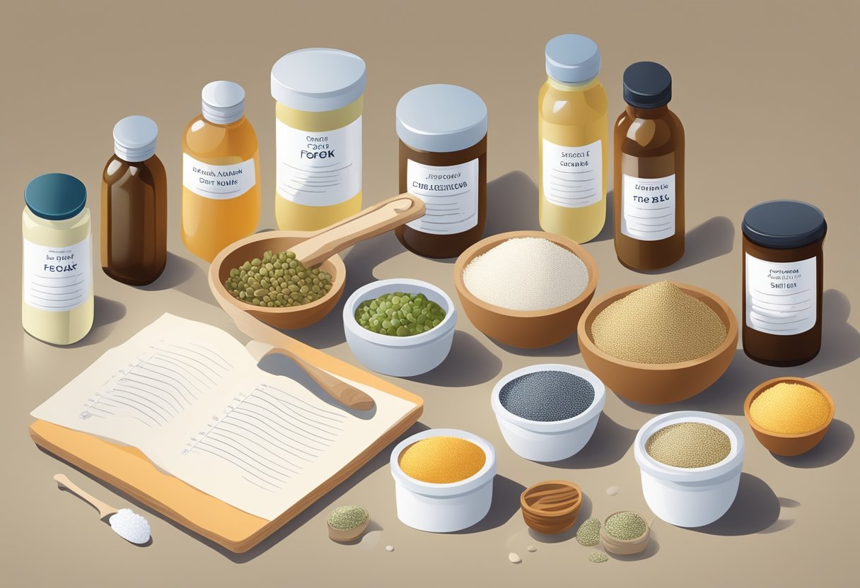 A collection of foot soak ingredients and tools arranged on a clean, well-lit surface. Labels and a list of recipes are visible in the background