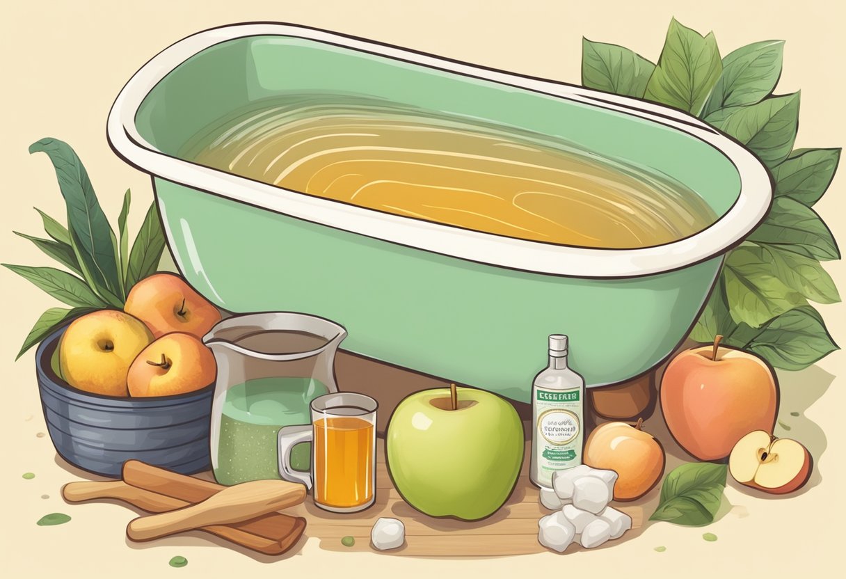A foot soaking tub filled with warm water and apple cider vinegar, surrounded by various ingredients for homemade foot soak recipes
