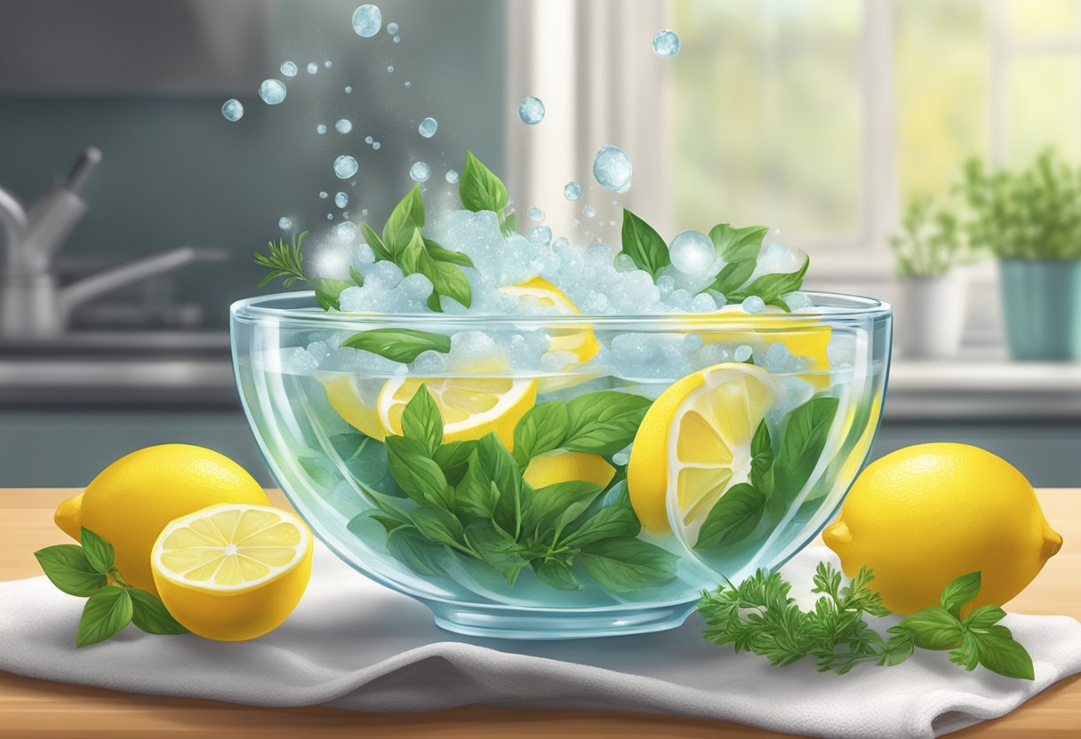 A glass bowl filled with bubbling water, baking soda, and lemon slices, surrounded by fresh herbs and a towel