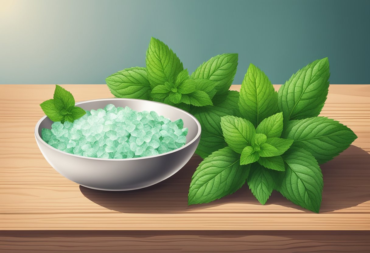 A bowl filled with Epsom salt and peppermint oil, surrounded by fresh peppermint leaves, sits on a wooden surface
