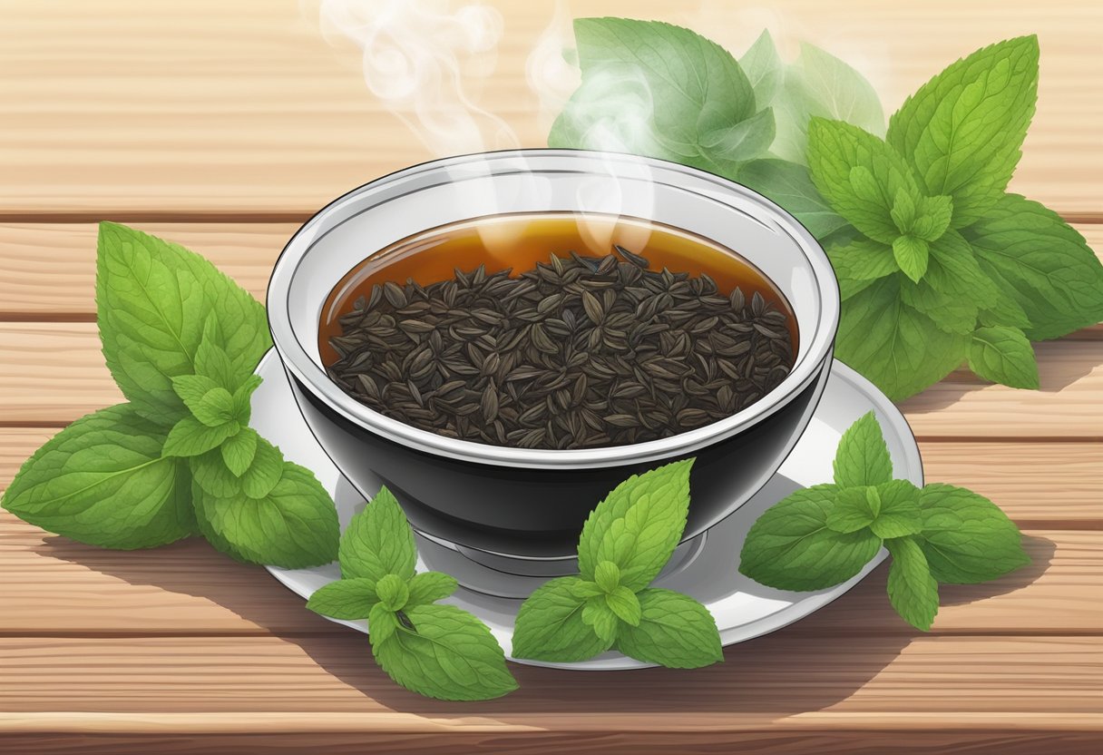 A steaming bowl of black tea and mint soak sits on a wooden surface, surrounded by fresh mint leaves. The aroma of the soak fills the air, promising to neutralize any unpleasant odors