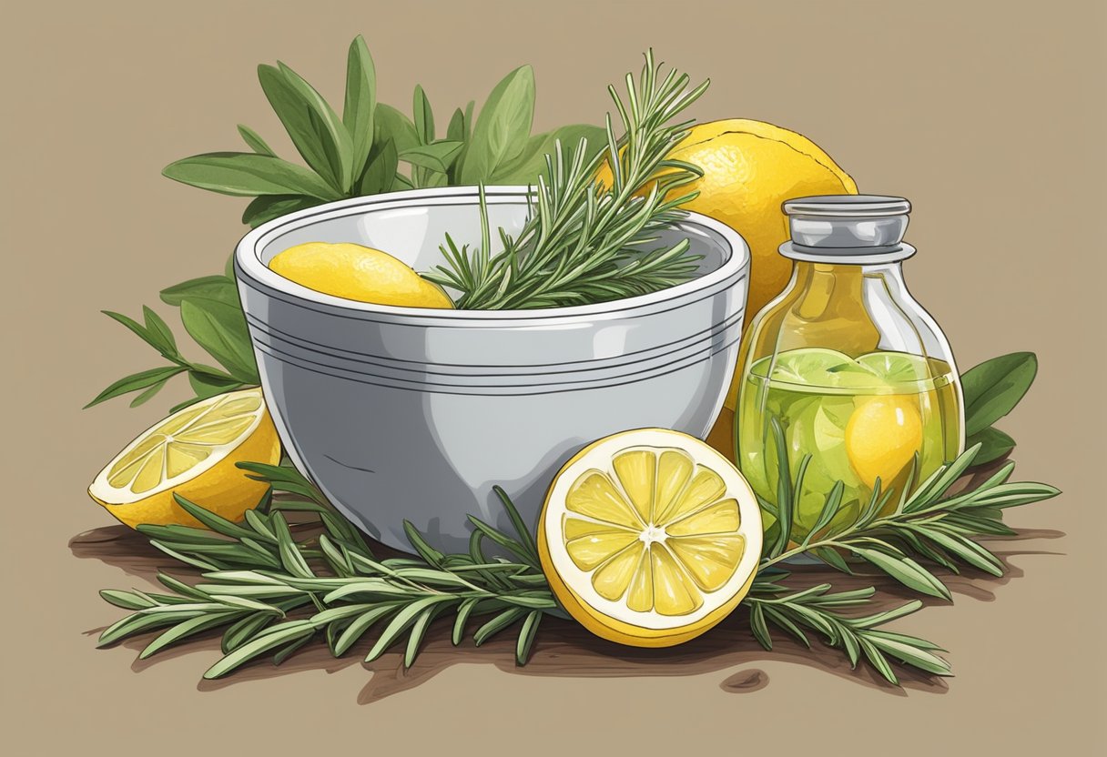 A bowl filled with rosemary and lemon-infused liquid sits on a wooden surface, surrounded by fresh herbs and citrus fruits