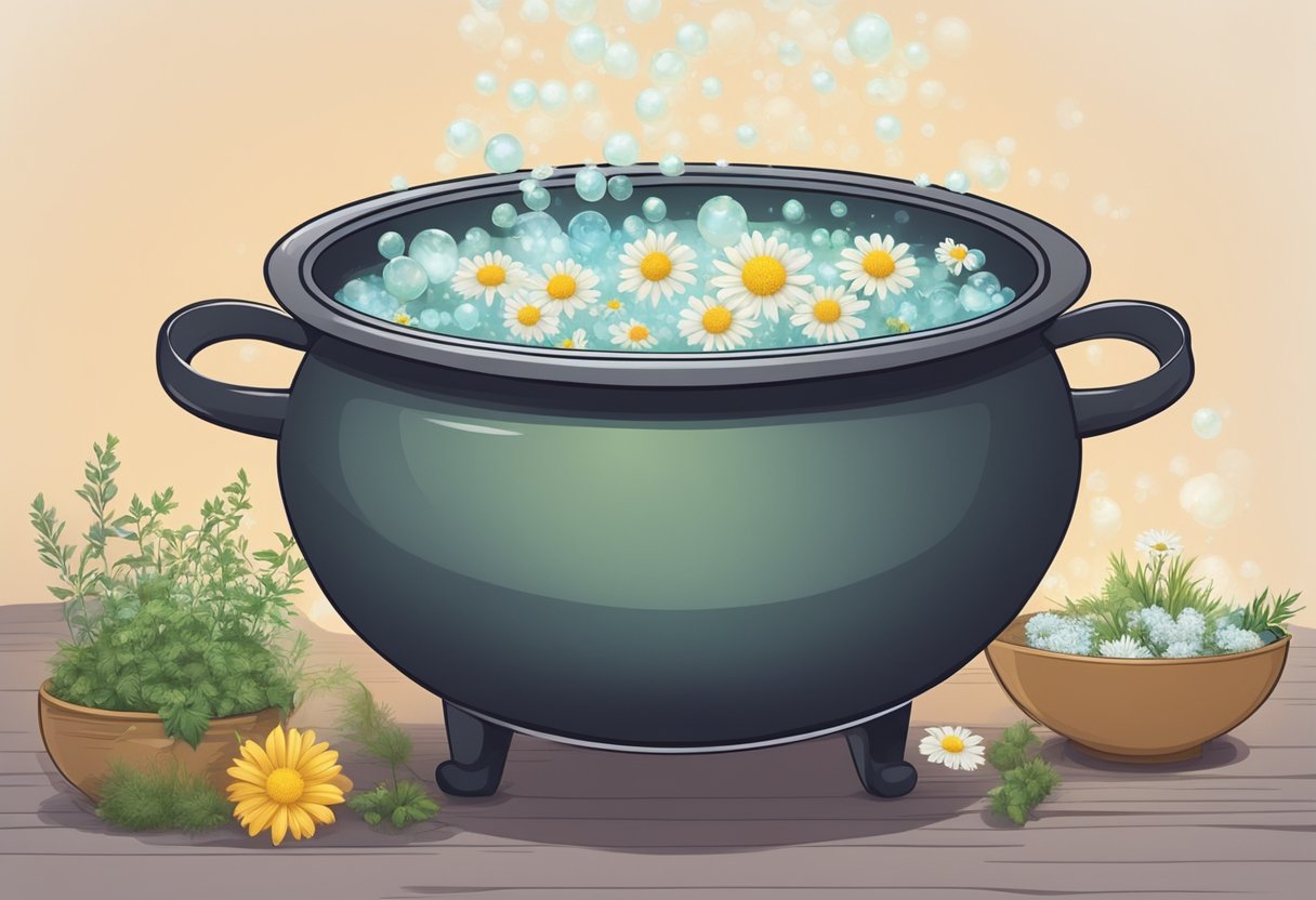 A cauldron bubbles with soothing herbs, Witch Hazel and Chamomile, creating a fragrant foot soak