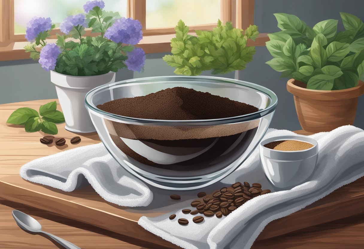 A clear glass bowl filled with coffee grounds and Epsom salt sits on a wooden table, surrounded by fresh herbs and flowers. A soft towel is draped nearby, ready for use