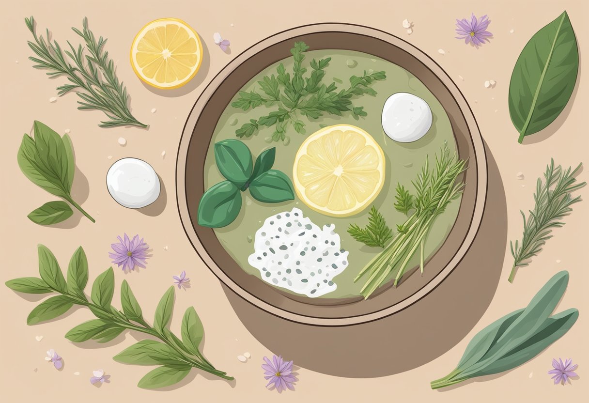 A bowl filled with homemade foot soak ingredients, labeled "Sage and Thyme Antiperspirant Soak," surrounded by fresh herbs and essential oils