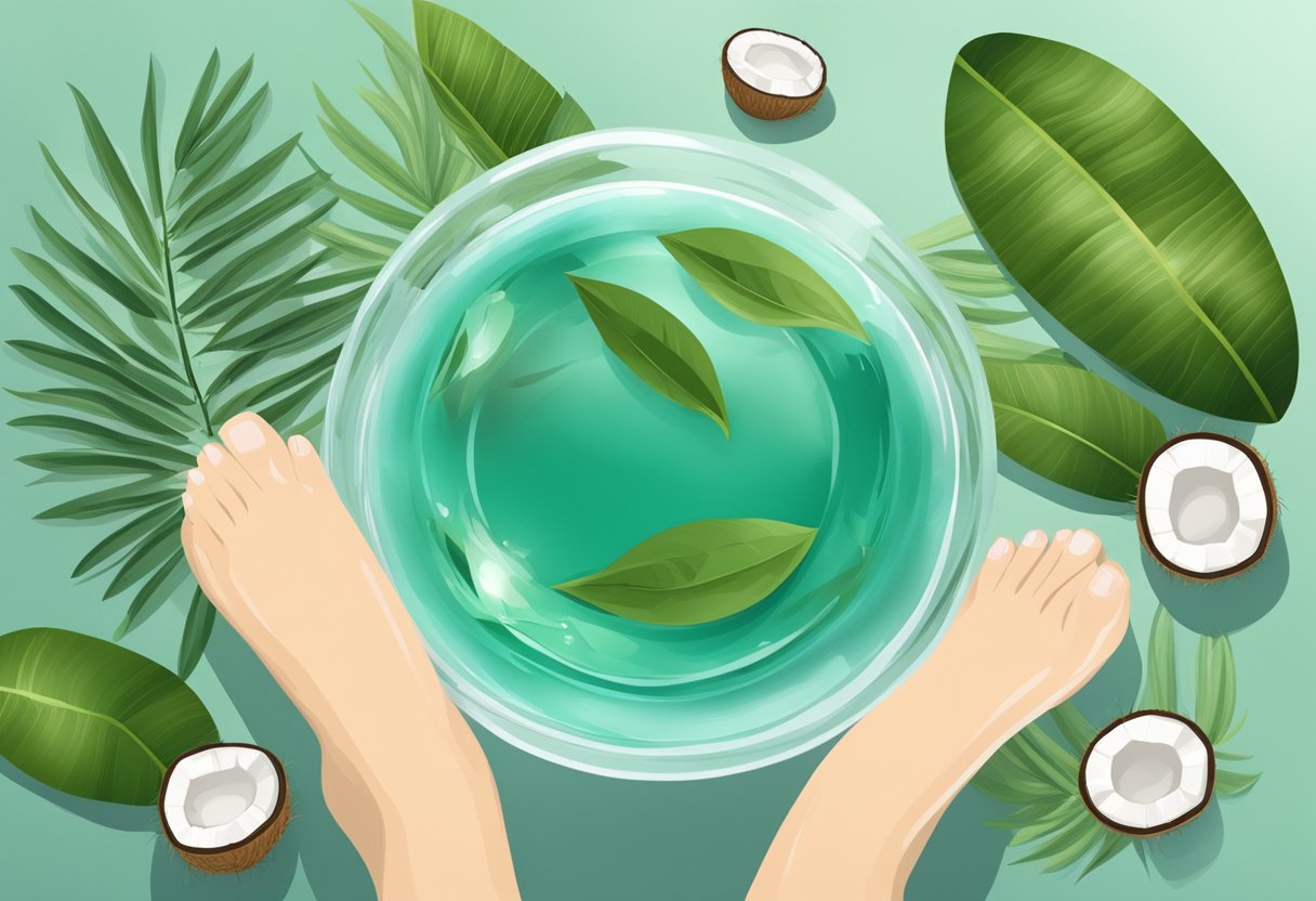 A clear glass bowl filled with coconut oil and tea tree oil, surrounded by fresh tea tree leaves and a pair of clean, dry feet ready for a soothing soak