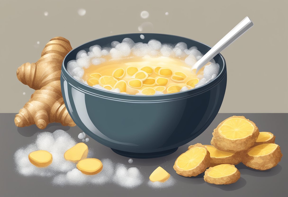 A bowl filled with ginger and baking soda soaking in warm water, emitting a soothing aroma