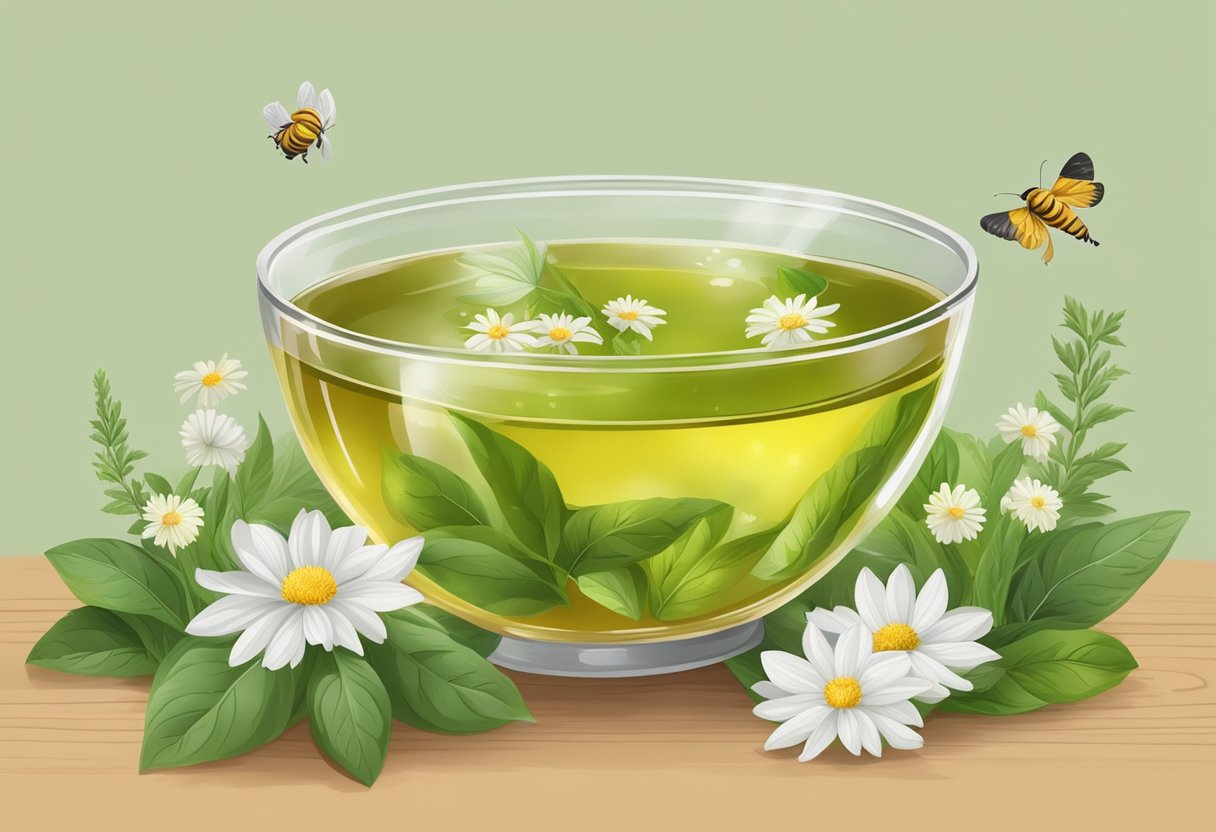 A clear bowl filled with green tea and honey, surrounded by fresh herbs and flowers, sits on a wooden surface