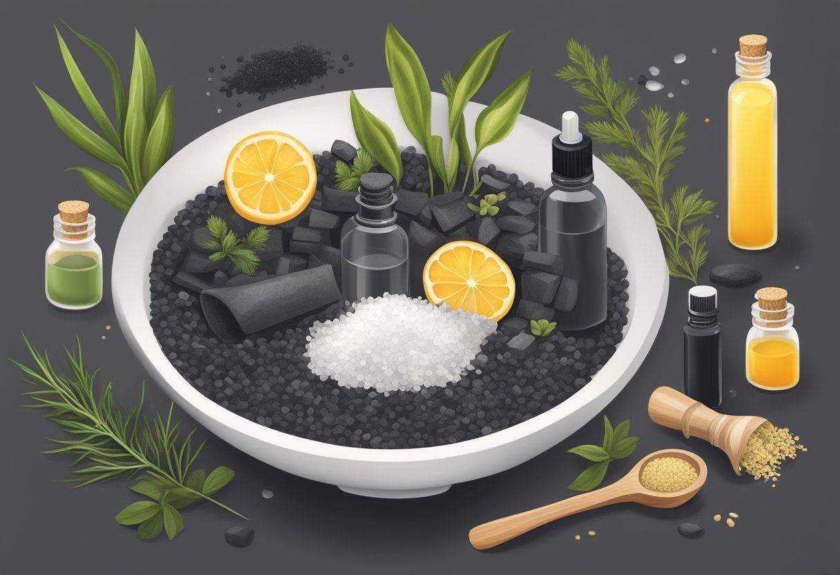 A bowl filled with activated charcoal and sea salt soak, surrounded by essential oil bottles and dried herbs, ready for a detoxifying foot treatment