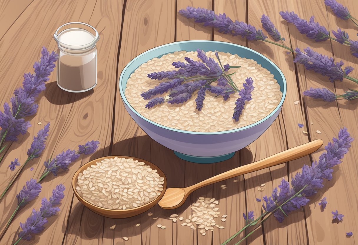 A bowl of oatmeal and lavender soak sits on a wooden surface, surrounded by scattered lavender flowers and a pair of feet soaking in the mixture