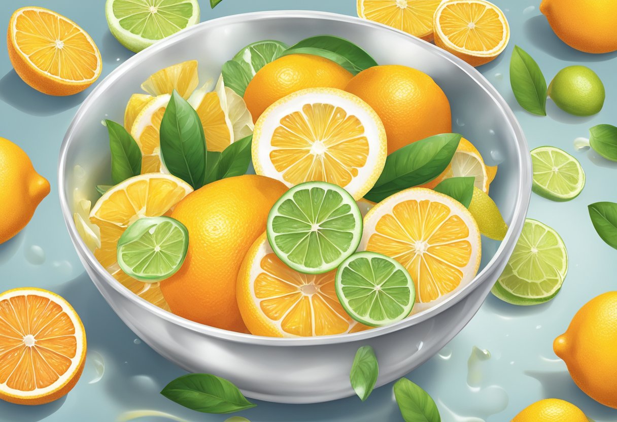 A bowl of citrus peels and Epsom salt soaking in water, emitting a refreshing scent
