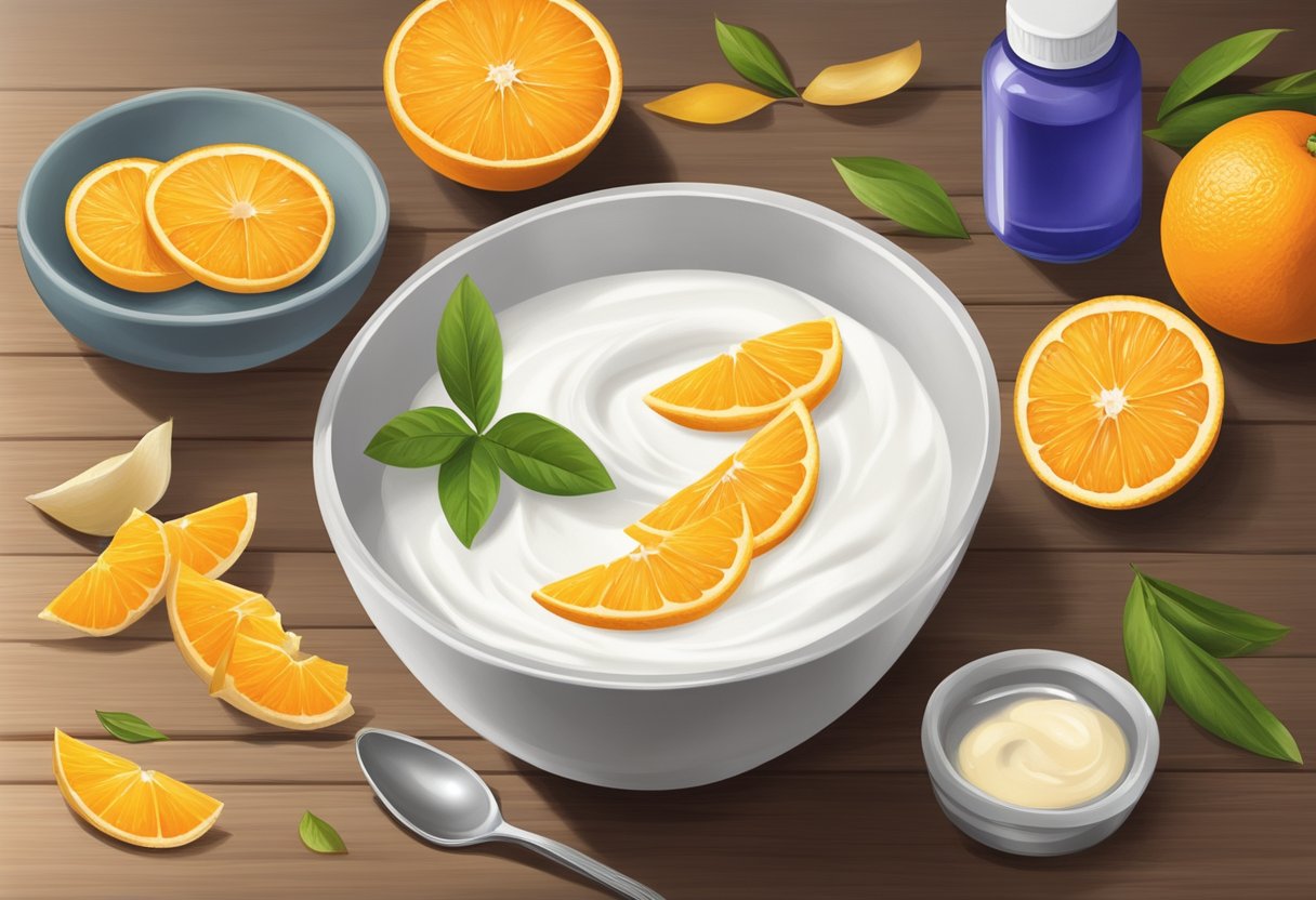 A bowl of yogurt and orange peels sit on a wooden surface, surrounded by essential oils and a foot soak recipe book