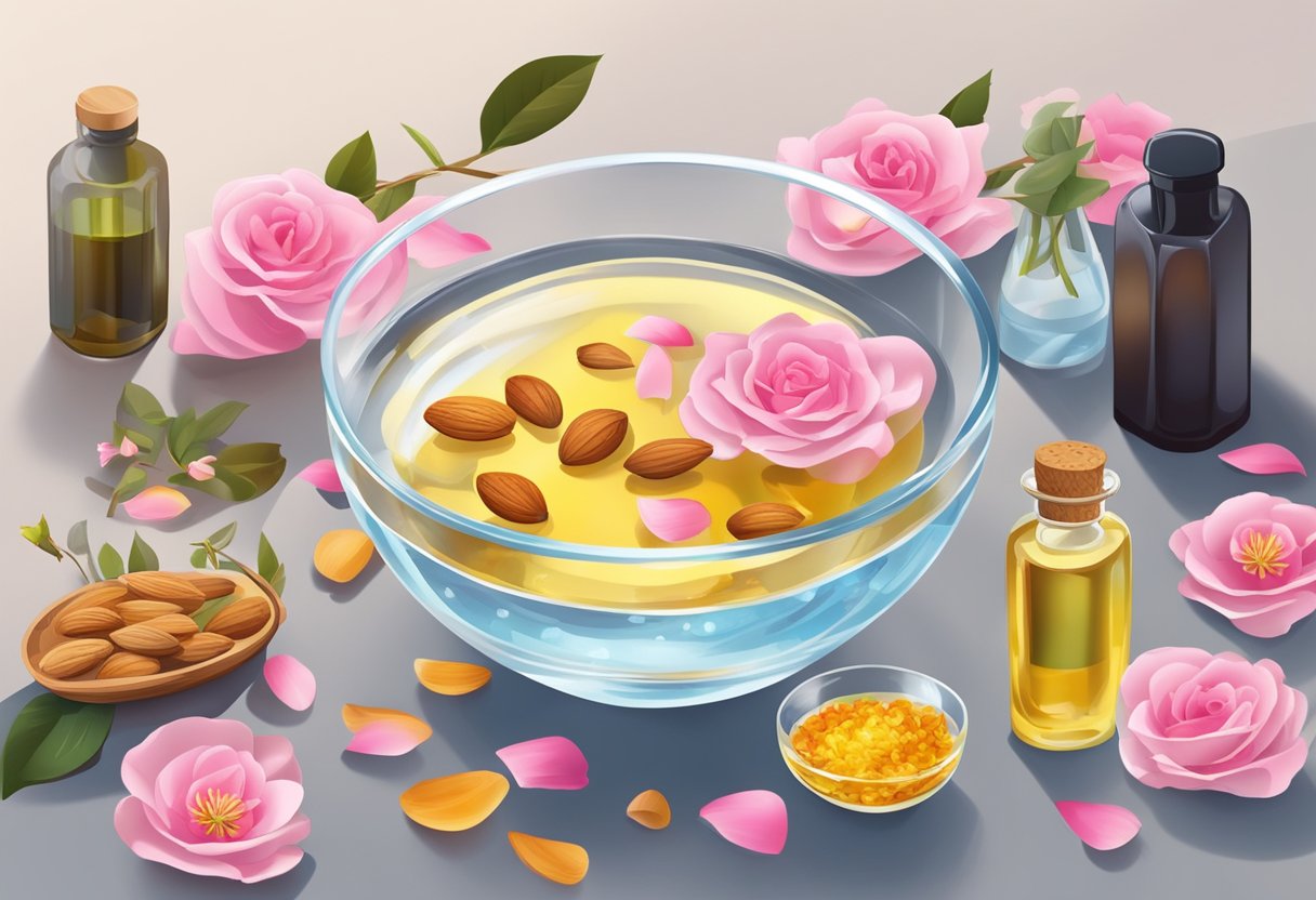 A clear glass bowl filled with almond oil and rose petals, surrounded by various bottles and ingredients for a luxurious foot soak
