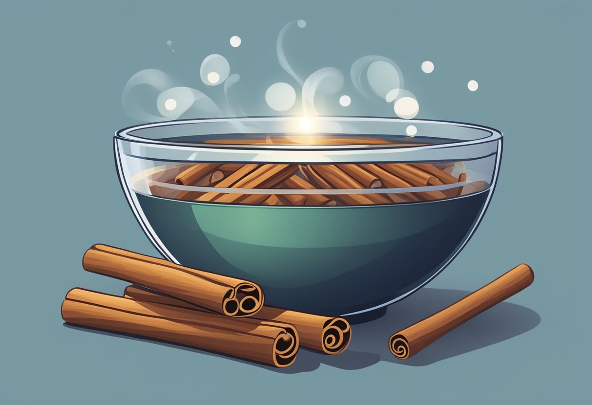 A bowl of warm water with floating cinnamon sticks, emitting a soothing aroma