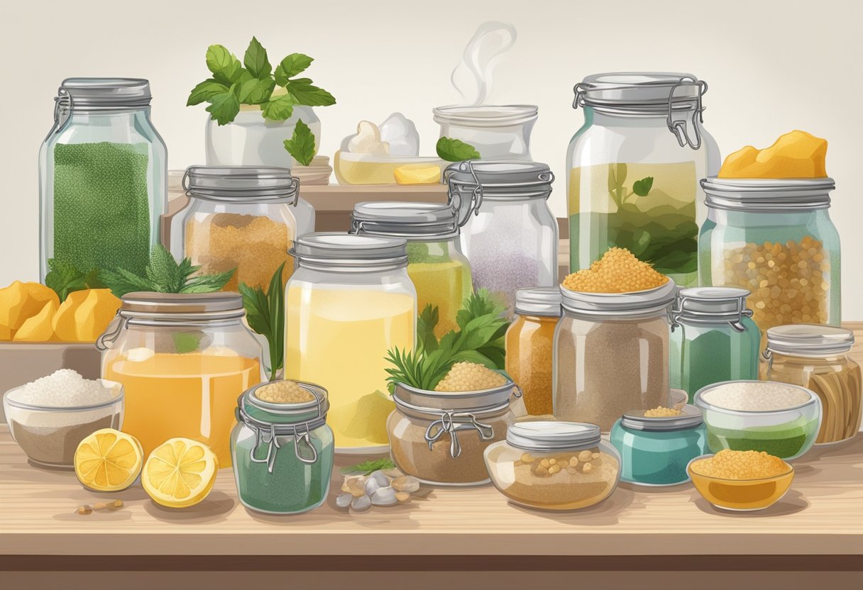 A collection of 21 homemade foot soak recipes displayed on a table with various ingredients and decorative jars