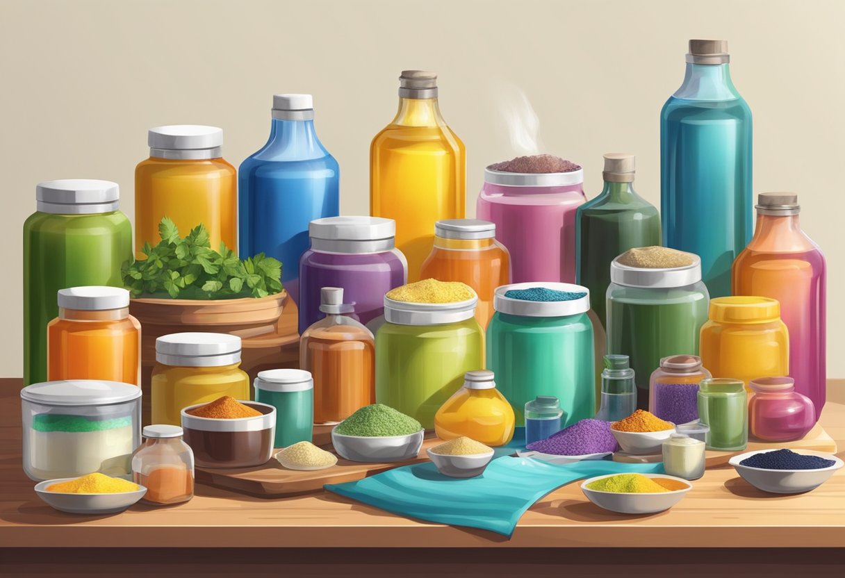 A colorful array of ingredients and containers, including oils, waxes, and pigments, arranged on a clean, well-lit workspace