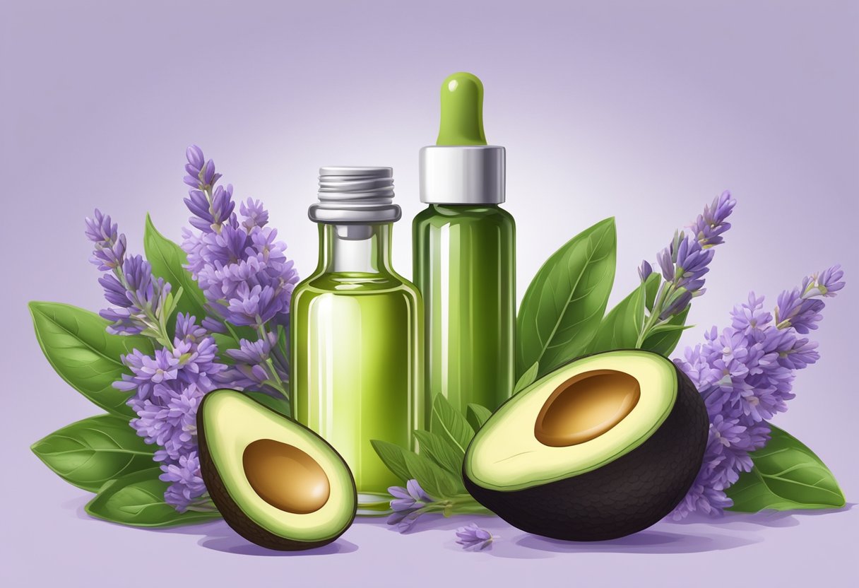 A small glass bottle with a dropper contains a mixture of avocado oil and lavender oil, surrounded by fresh lavender flowers and ripe avocados