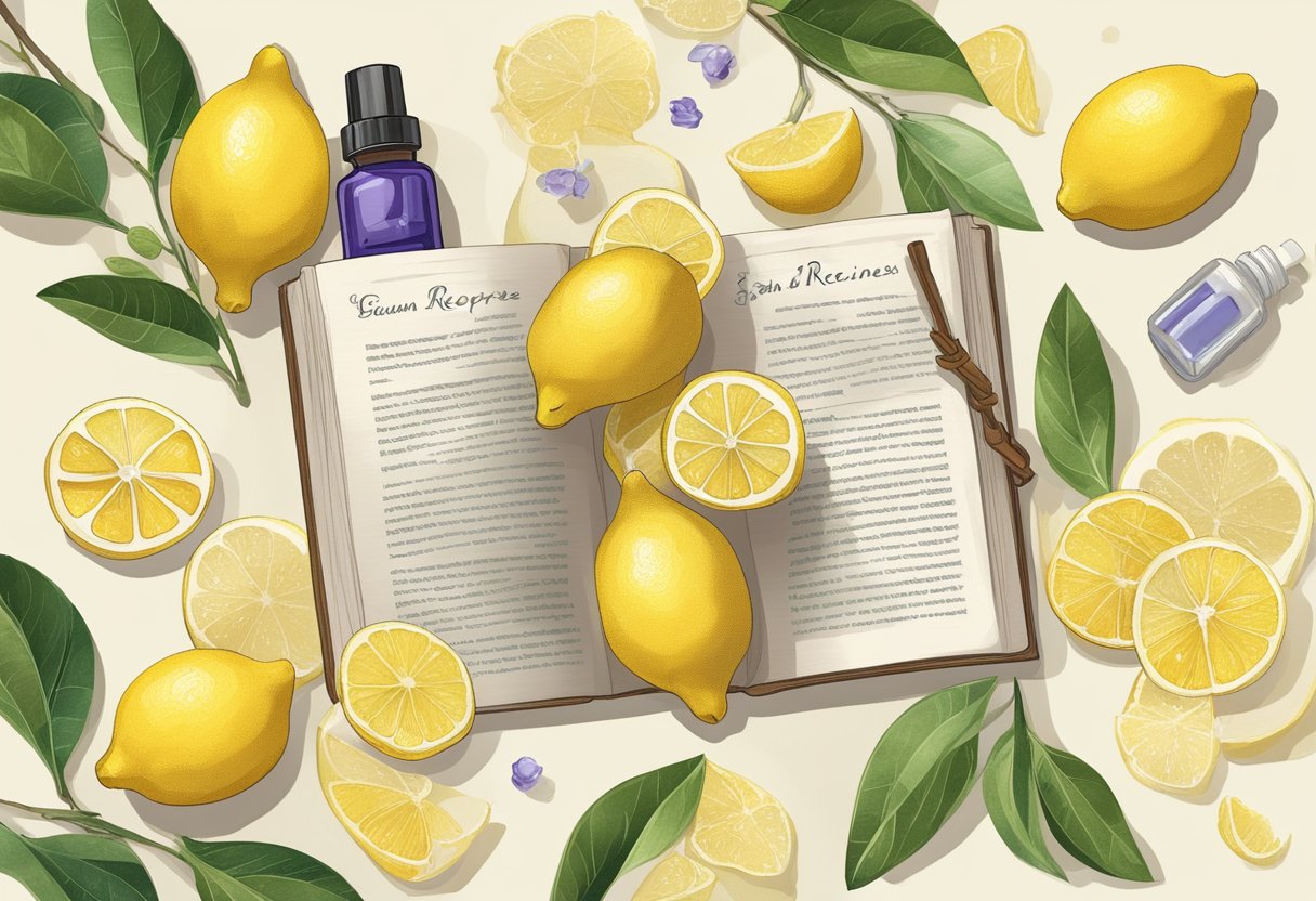 A glass bottle of regenerative serum surrounded by fresh lemons and frankincense, with a book open to a page listing essential oil recipes