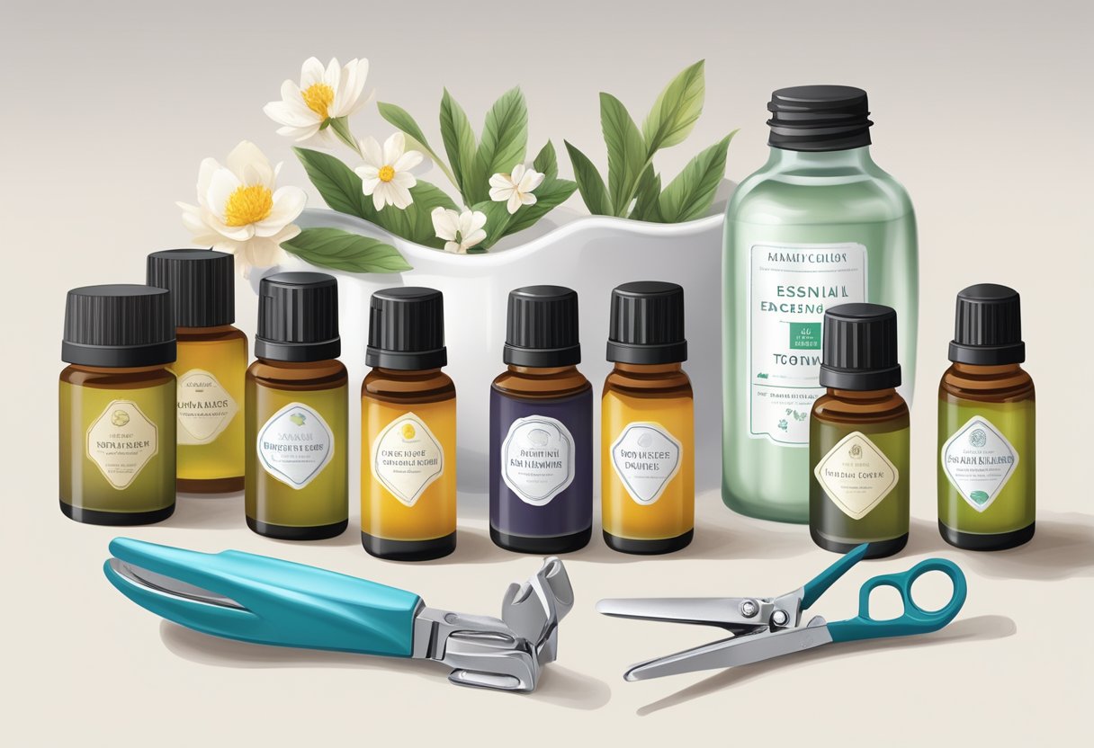 A collection of essential oil bottles with labels, a foot soaking tub, and a pair of toenail clippers on a clean, white surface