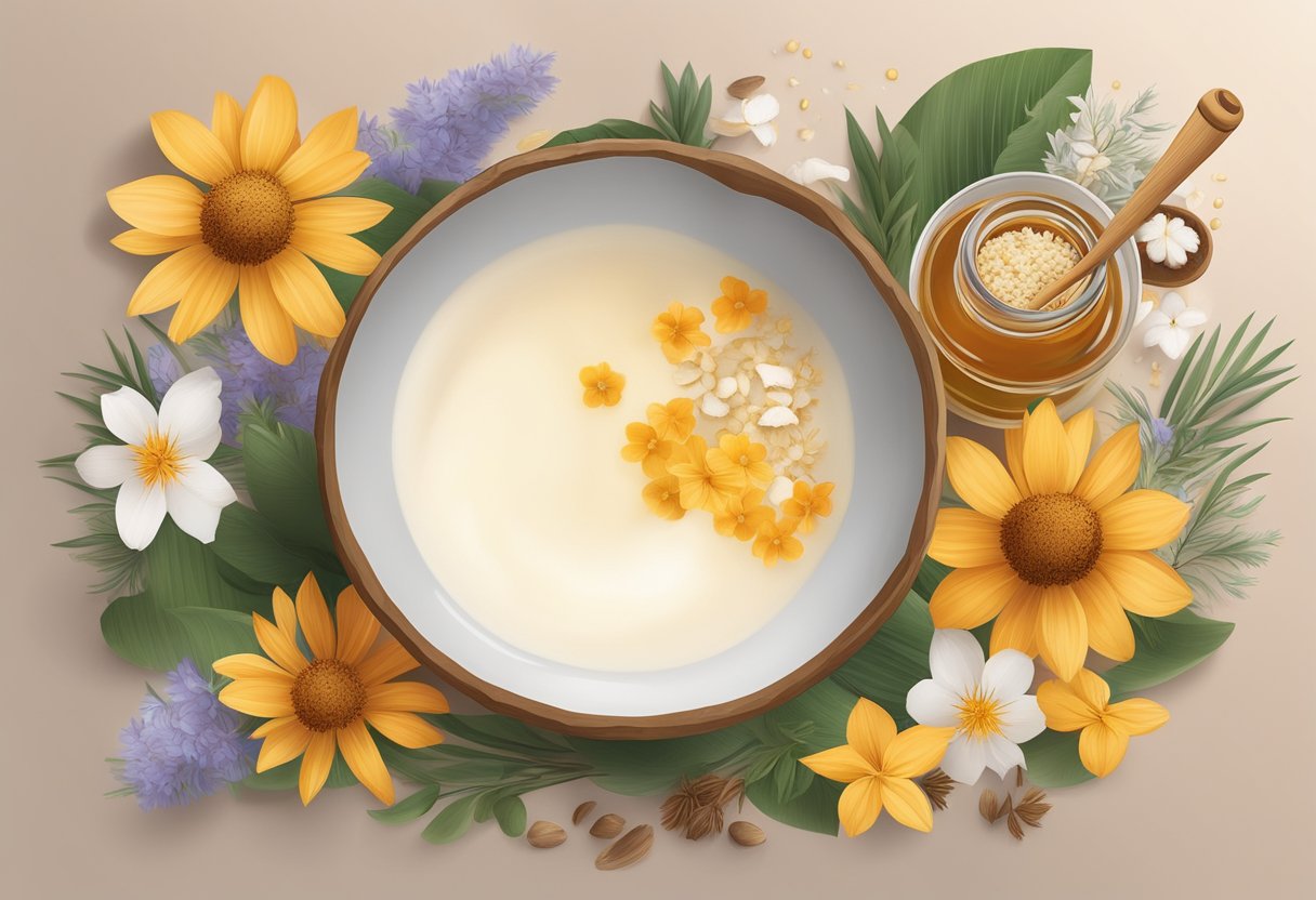 A bowl of coconut milk and honey soak surrounded by dried flowers and herbs
