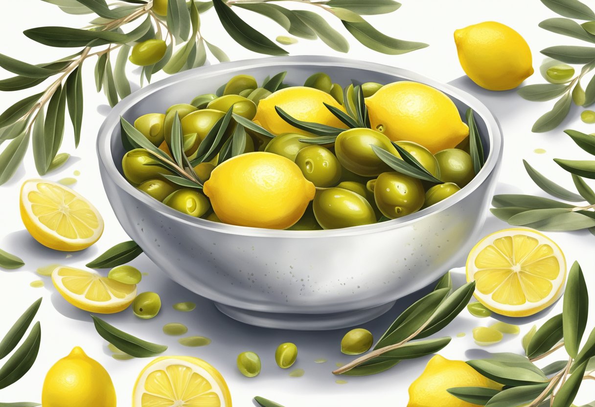 A bowl filled with olive oil and sliced lemons, surrounded by dry feet