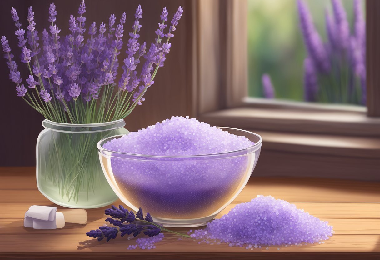 A clear glass bowl filled with lavender oil and Epsom salt sits on a wooden table, surrounded by fresh lavender flowers and a soft towel
