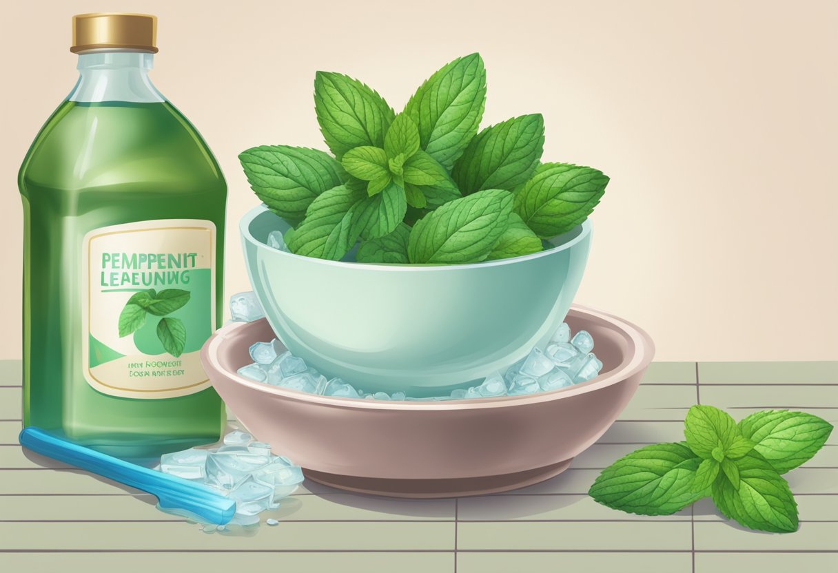 A bowl of peppermint leaves and vinegar sits next to a tub of water, ready for a refreshing foot soak