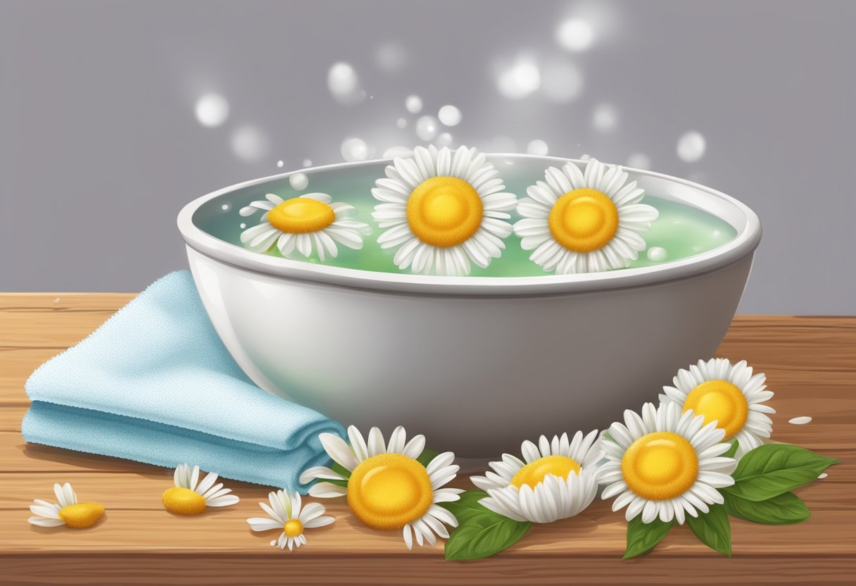 A bowl of chamomile tea and baking soda soak with a towel and foot tub on a wooden surface