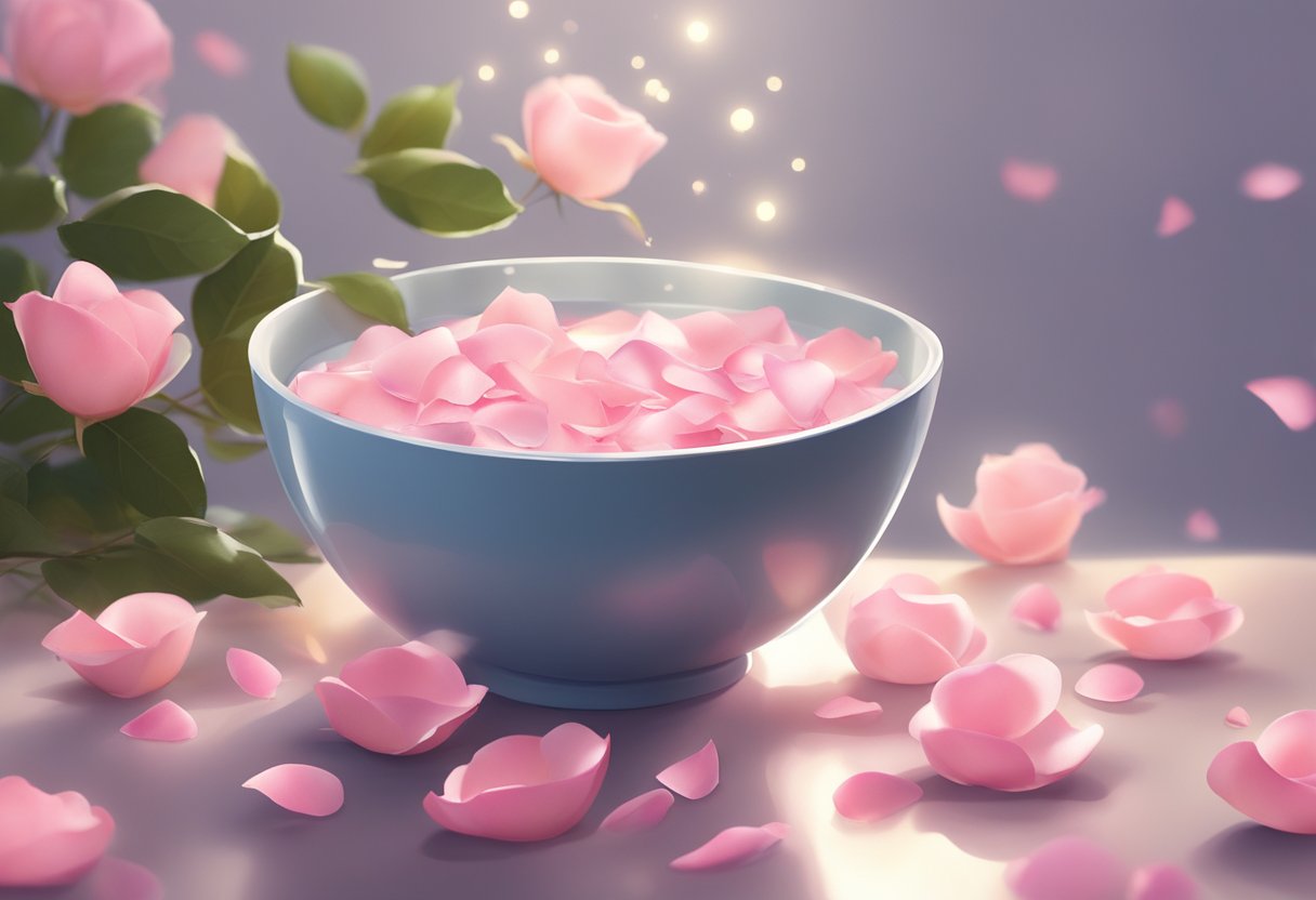 A bowl filled with rose petals and milk, surrounded by soft lighting and a serene ambiance