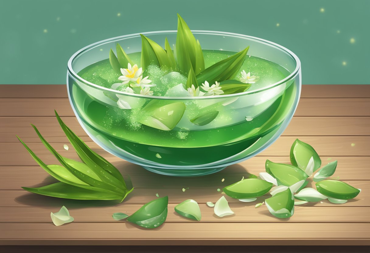 A clear glass bowl filled with green tea and aloe vera leaves, surrounded by scattered petals and bath salts on a wooden surface