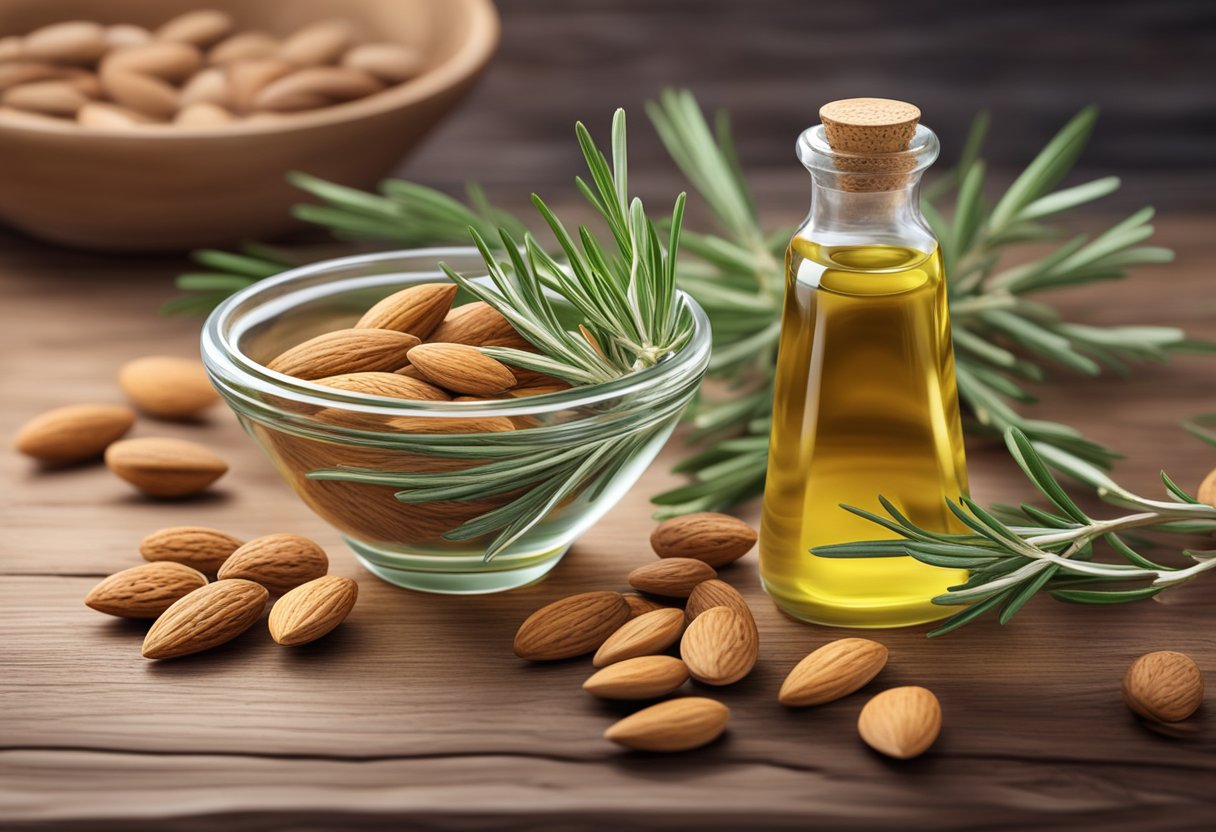 A clear glass bowl filled with almond oil and rosemary oil, surrounded by fresh rosemary sprigs and almonds, sits on a wooden surface