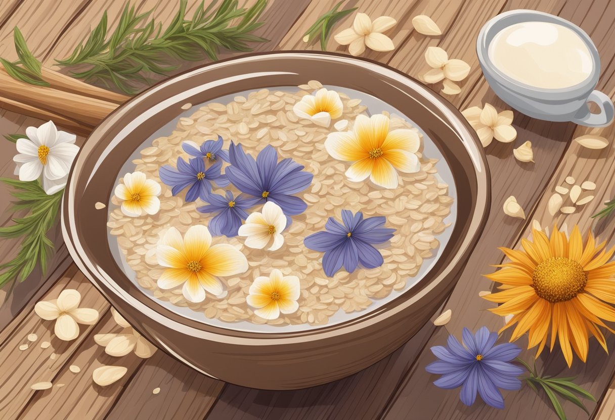A bowl of oatmeal and vanilla soak sitting on a wooden surface, surrounded by dried flowers and herbs