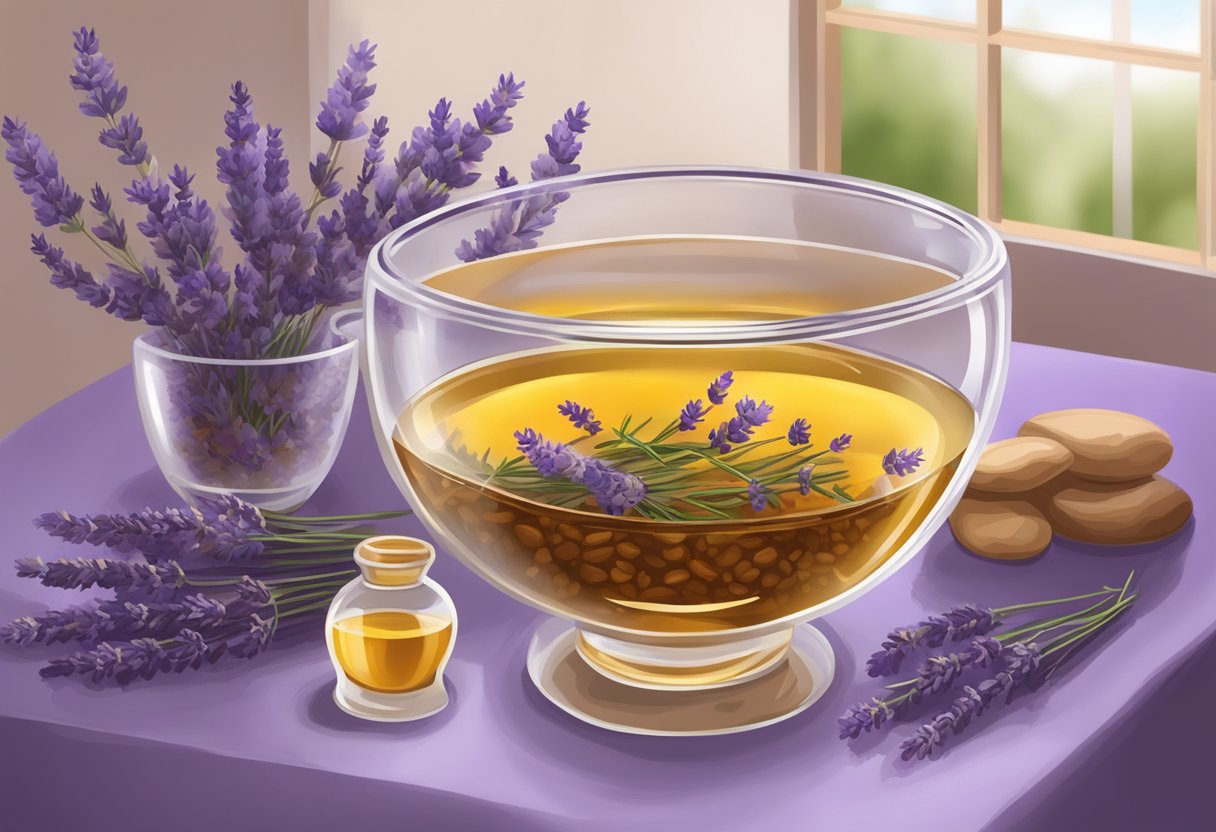 A clear glass bowl filled with Argan oil and lavender essential oil, surrounded by dried lavender flowers and a pair of feet soaking in the mixture