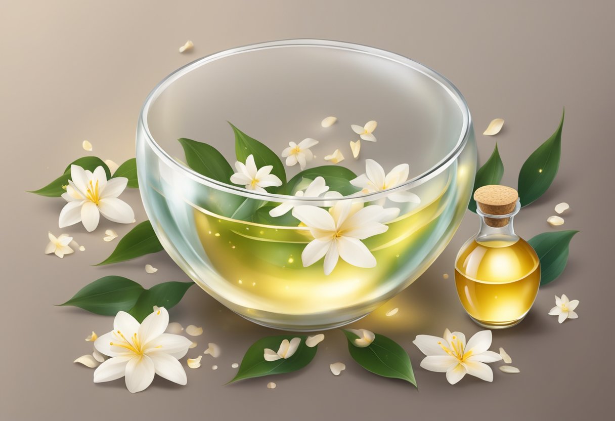 A clear glass bowl filled with a mixture of sesame oil and jasmine oil, surrounded by scattered flower petals and soft candlelight