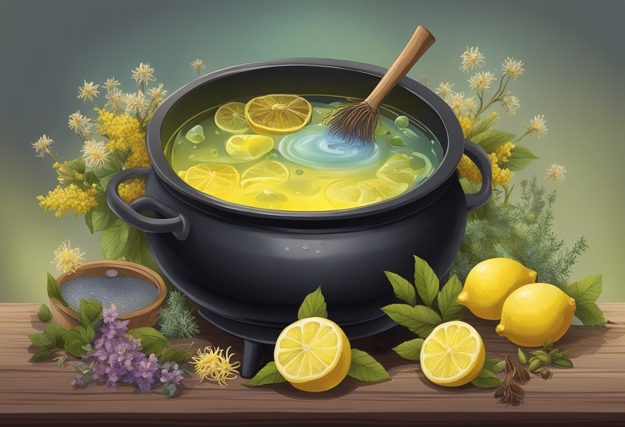 A bubbling cauldron with witch hazel and lemon oil, surrounded by dried herbs and flowers