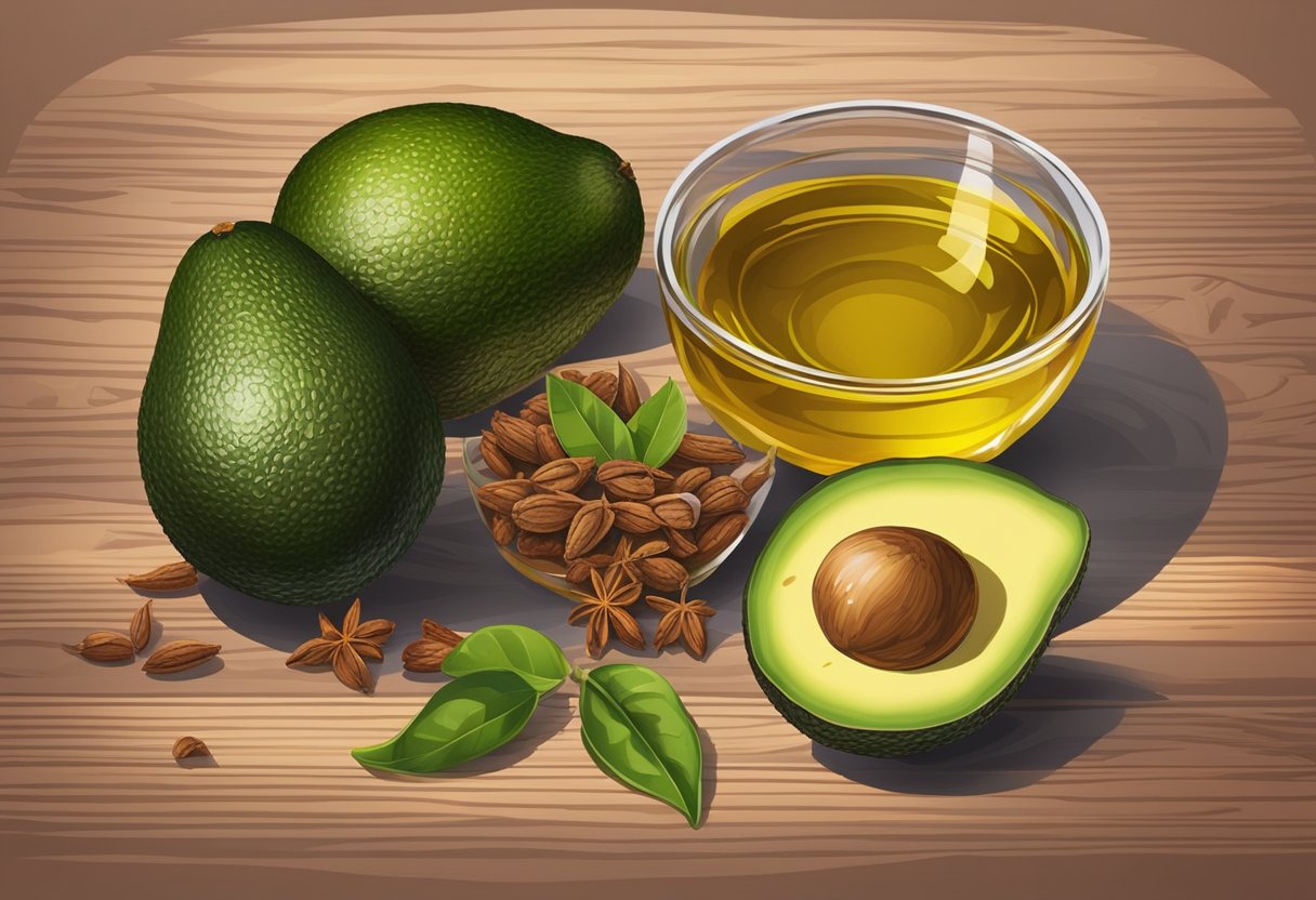 A clear glass bowl filled with avocado oil and clove oil, surrounded by dried cloves and avocado slices, sits on a wooden surface